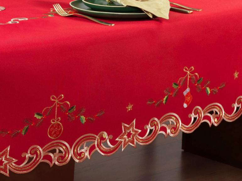 Toalha de Mesa Natal com Bordado Richelieu Quadrada 4 Lugares 160x160cm - Festa Vermelho - Dui Design