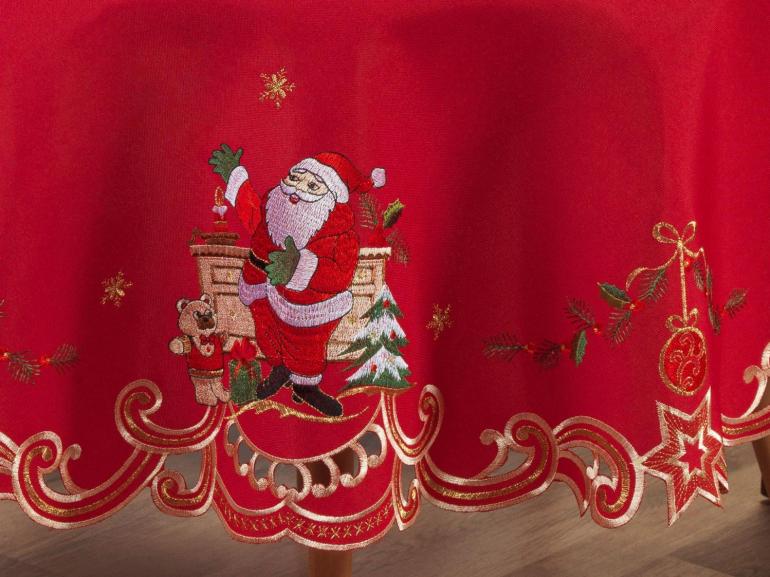 Toalha de Mesa Natal com Bordado Richelieu Redonda 175cm - Festa Vermelho - Dui Design