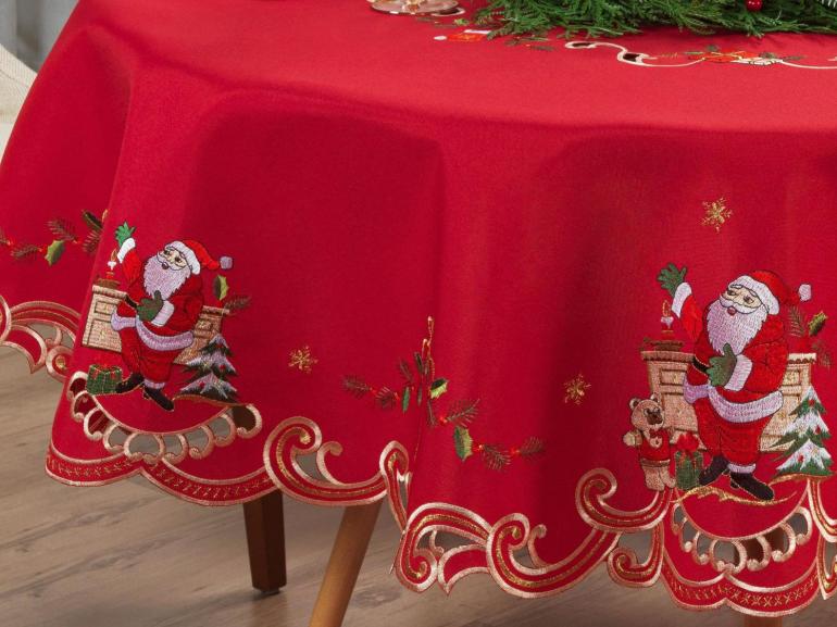 Toalha de Mesa Natal com Bordado Richelieu Redonda 175cm - Festa Vermelho - Dui Design