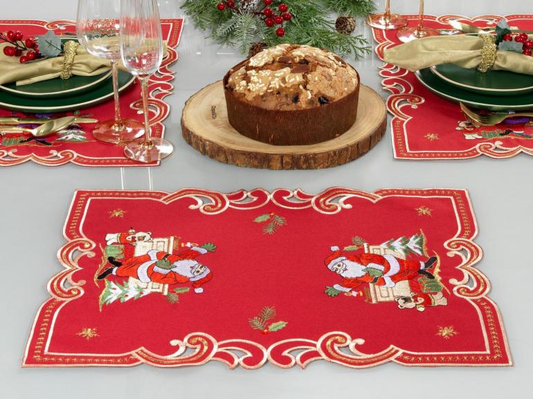 Jogo Americano Natal 4 Lugares (4 peas) com Bordado Richelieu 35x50cm - Festa Vermelho - Dui Design
