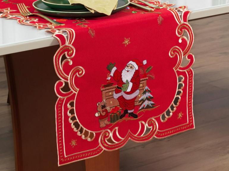 Trilho de Mesa Natal com Bordado Richelieu 45x170cm Avulso - Festa Vermelho - Dui Design