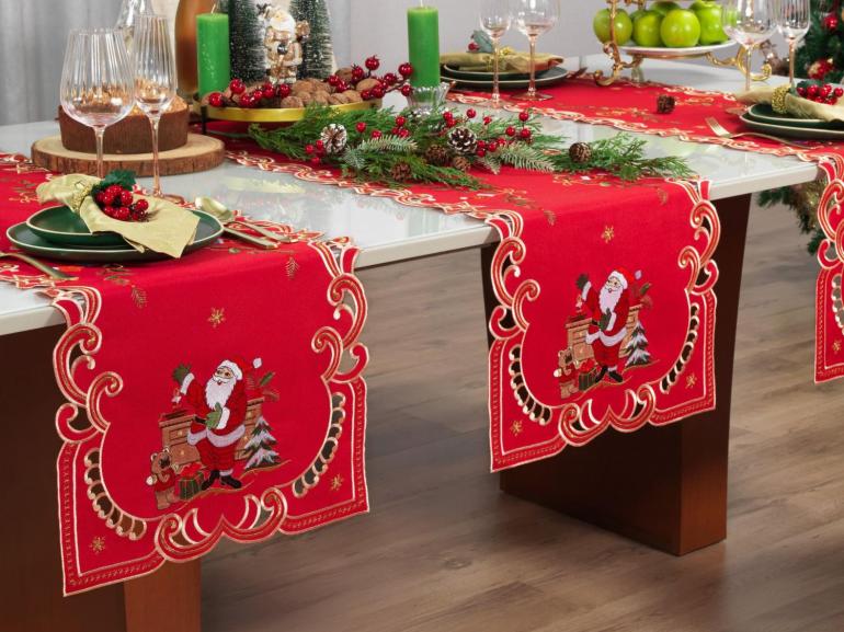 Trilho de Mesa Natal com Bordado Richelieu 45x170cm Avulso - Festa Vermelho - Dui Design