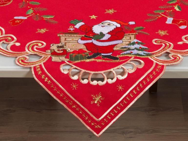 Centro de Mesa Natal Quadrado com Bordado Richelieu 85x85cm - Festa Vermelho - Dui Design