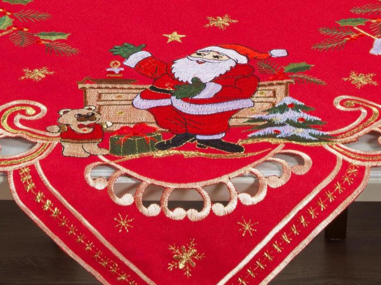 Centro de Mesa Natal Quadrado com Bordado Richelieu 85x85cm - Festa Vermelho - Dui Design