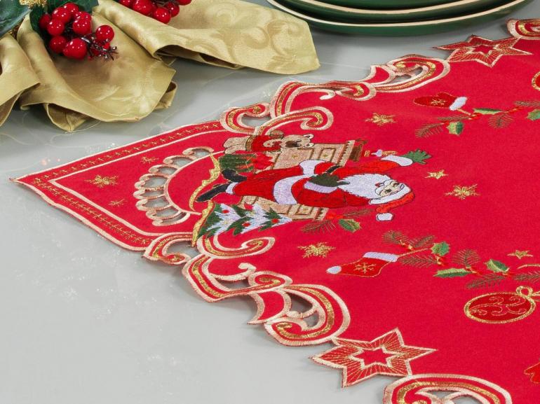 Centro de Mesa Natal Quadrado com Bordado Richelieu 85x85cm - Festa Vermelho - Dui Design