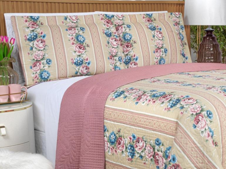 Kit: 1 Cobre-leito King Bouti de Microfibra Ultrasonic Estampada + 2 Porta-travesseiros - Flora Rosa Velho - Dui Design
