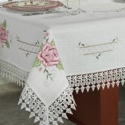 Toalha de Mesa com Bordado Richelieu Retangular 10-12 Lugares 160x320cm - Flora Natural e Rosa - Dui Design