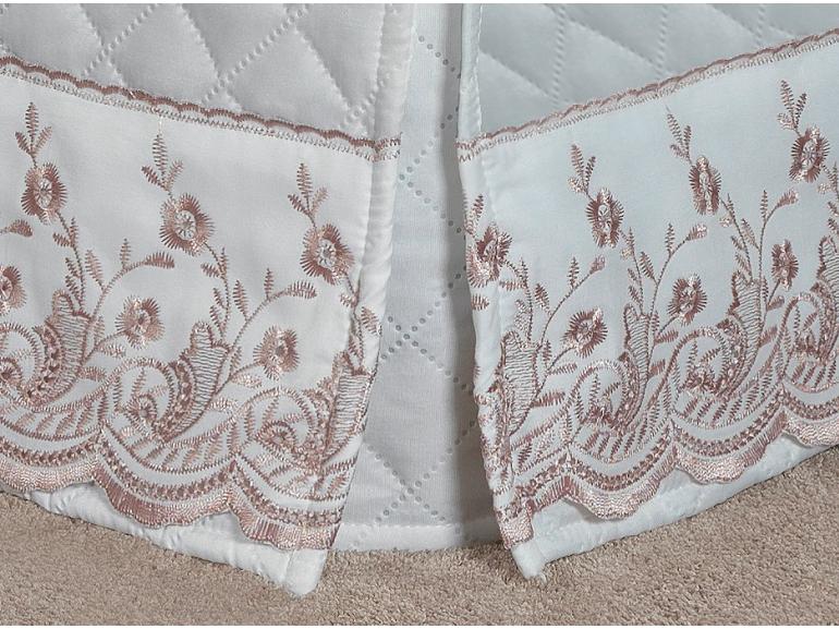 Saia para cama Box Matelassada com Bordado Inglês Solteiro - Florata Branco e Rosa Velho - Dui Design