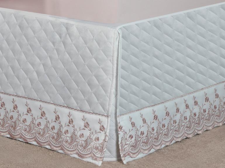 Saia para cama Box Matelassada com Bordado Inglês King - Florata Branco e Rosa Velho - Dui Design