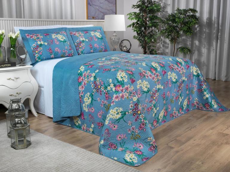 Kit: 1 Cobre-leito Queen Bouti de Microfibra Ultrasonic Estampada + 2 Porta-travesseiros - Florença Azul - Dui Design