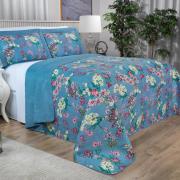 Kit: 1 Cobre-leito Queen Bouti de Microfibra Ultrasonic Estampada + 2 Porta-travesseiros - Florença Azul - Dui Design