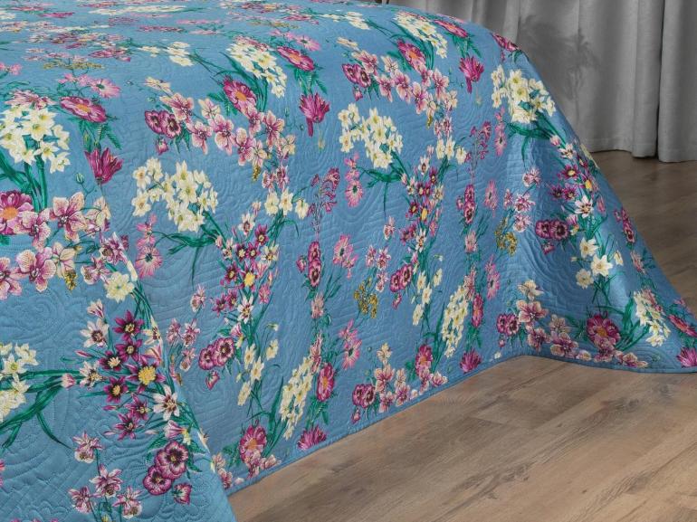 Kit: 1 Cobre-leito Queen Bouti de Microfibra Ultrasonic Estampada + 2 Porta-travesseiros - Florença Azul - Dui Design