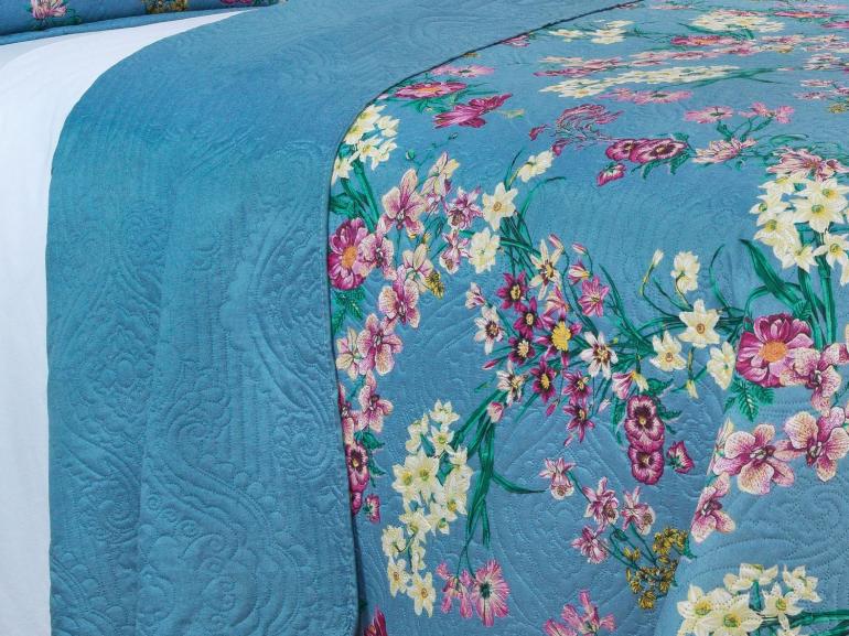 Kit: 1 Cobre-leito Queen Bouti de Microfibra Ultrasonic Estampada + 2 Porta-travesseiros - Florença Azul - Dui Design