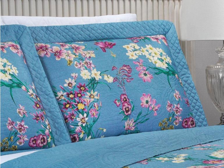 Kit: 1 Cobre-leito Queen Bouti de Microfibra Ultrasonic Estampada + 2 Porta-travesseiros - Florença Azul - Dui Design