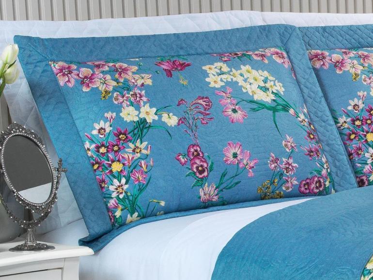 Kit: 1 Cobre-leito Queen Bouti de Microfibra Ultrasonic Estampada + 2 Porta-travesseiros - Florença Azul - Dui Design