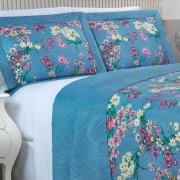 Kit: 1 Cobre-leito Queen Bouti de Microfibra Ultrasonic Estampada + 2 Porta-travesseiros - Florença Azul - Dui Design