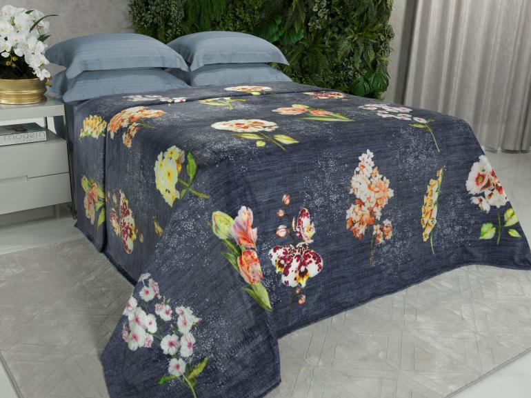 Cobertor Avulso Casal Flanelado com Estampa Digital 260 gramas/m² - Flower Jeans - Dui Design