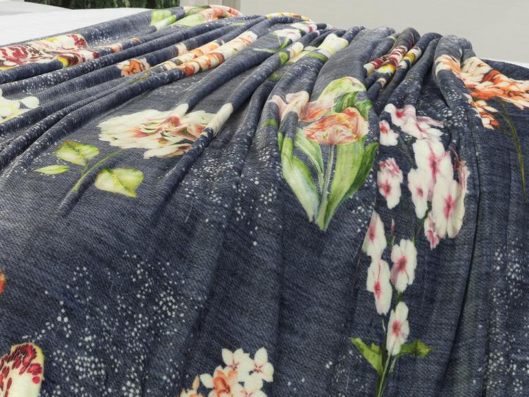 Cobertor Avulso Solteiro Flanelado com Estampa Digital 260 gramas/m² - Flower Jeans - Dui Design