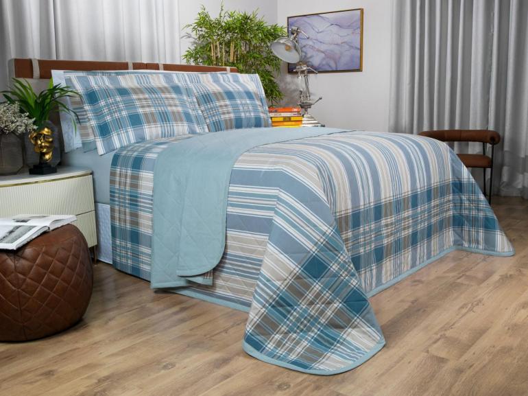 Kit: 1 Cobre-leito Queen + 2 Porta-travesseiros Percal 200 fios - Fred Azul - Dui Design