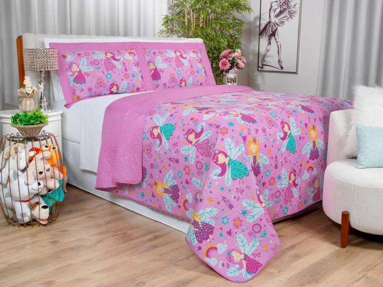Kit: 1 Cobre-leito Casal Kids Bouti de Microfibra PatchWork Ultrasonic + 2 Porta-travesseiros - Gliss Rosa - Dui Design