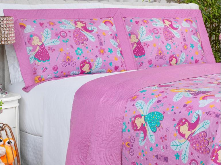 Kit: 1 Cobre-leito Casal Kids Bouti de Microfibra PatchWork Ultrasonic + 2 Porta-travesseiros - Gliss Rosa - Dui Design