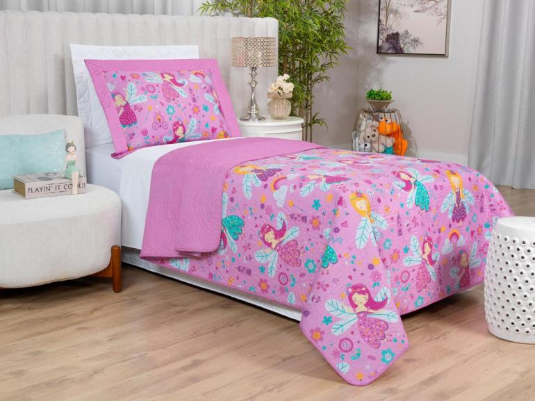 Kit: 1 Cobre-leito Solteiro Kids Bouti de Microfibra PatchWork Ultrasonic + 1 Porta-travesseiro - Gliss Rosa - Dui Design