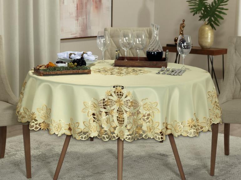 Toalha de Mesa com Bordado Richelieu Redonda 175cm - Godiva Bege - Dui Design