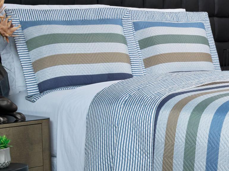 Kit: 1 Cobre-leito Queen Bouti de Microfibra Ultrasonic Estampada + 2 Porta-travesseiros - Gordon azul - Dui Design