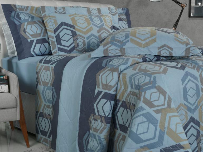 Kit: 1 Cobre-leito Queen + 2 Porta-travesseiros Percal 200 fios - Henry Azul - Dui Design