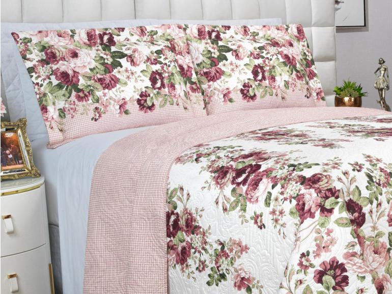 Kit: 1 Cobre-leito King Bouti de Microfibra Ultrasonic Estampada + 2 Porta-travesseiros - Isadora Rosa Velho - Dui Design