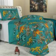 Kit: 1 Cobre-leito Casal Kids Bouti de Microfibra Ultrasonic Estampada + 2 Porta-travesseiros - Jurassic Petroleo - Dui Design