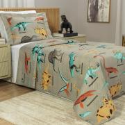 Kit: 1 Cobre-leito Solteiro Kids Bouti de Microfibra PatchWork Ultrasonic + 1 Porta-travesseiro - Dinossaur Caqui - Dui Design