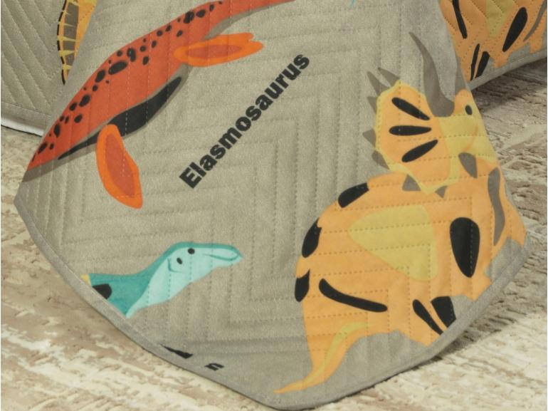 Kit: 1 Cobre-leito Solteiro Kids Bouti de Microfibra PatchWork Ultrasonic + 1 Porta-travesseiro - Dinossaur Caqui - Dui Design