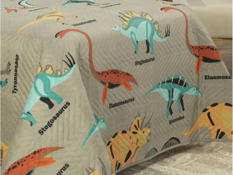 Kit: 1 Cobre-leito Solteiro Kids Bouti de Microfibra PatchWork Ultrasonic + 1 Porta-travesseiro - Dinossaur Caqui - Dui Design