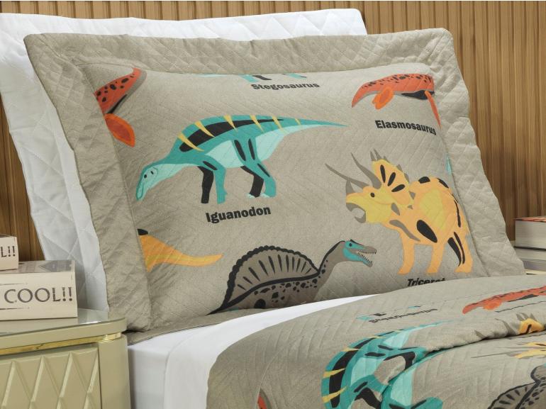 Kit: 1 Cobre-leito Solteiro Kids Bouti de Microfibra PatchWork Ultrasonic + 1 Porta-travesseiro - Dinossaur Caqui - Dui Design