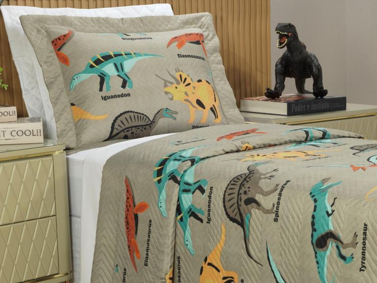 Kit: 1 Cobre-leito Solteiro Kids Bouti de Microfibra PatchWork Ultrasonic + 1 Porta-travesseiro - Dinossaur Caqui - Dui Design
