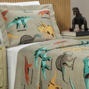 Kit: 1 Cobre-leito Solteiro Kids Bouti de Microfibra PatchWork Ultrasonic + 1 Porta-travesseiro - Dinossaur Caqui - Dui Design