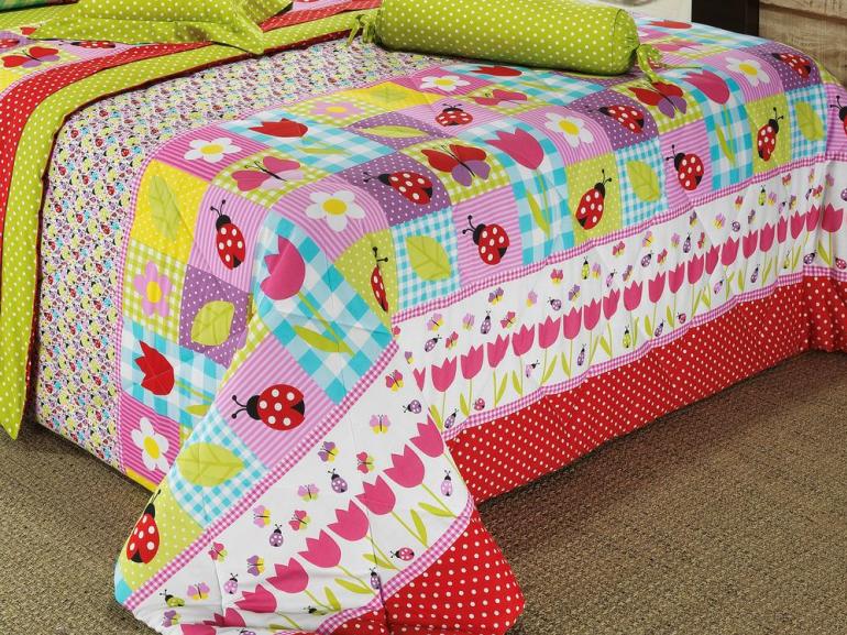 Enxoval Queen com Edredom 5 peas Percal 180 fios 100% Algodo - Lady Bug Multicor - Dui Design