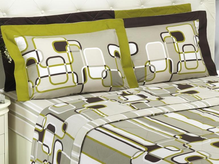 Kit: 1 Cobre-leito Casal + 2 Portas-travesseiro 150 fios 100% Algodo - Lenon Bege - Dui Design