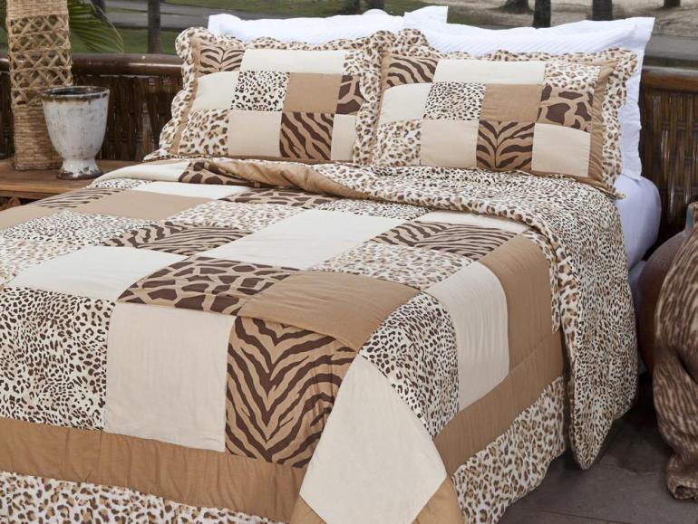 Kit: 1 Cobre-leito Solteiro PatchWork + 1 Porta-travesseiro - Leopardo - Corttex