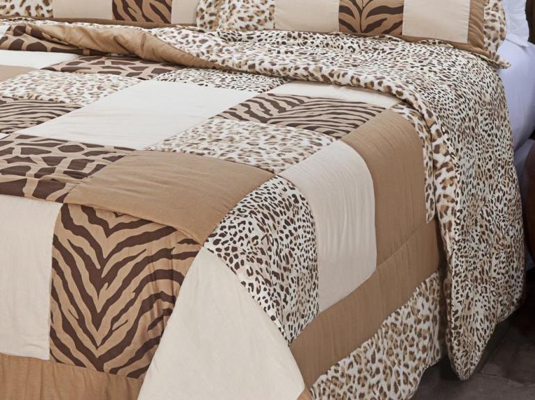 Kit: 1 Cobre-leito Solteiro PatchWork + 1 Porta-travesseiro - Leopardo - Corttex