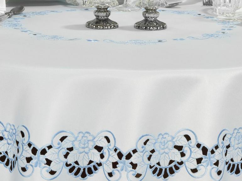 Toalha de Mesa com Bordado Richelieu Redonda 180cm - Leticia Azul - Dui Design