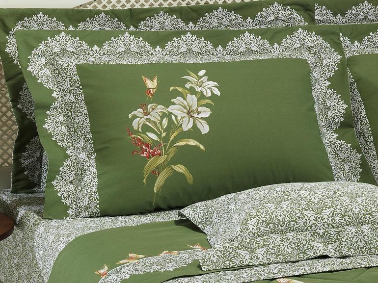 Enxoval 7 peas com Cobre-leito Solteiro Percal 200 fios 100% Algodo - Lily Verde - Dui Design