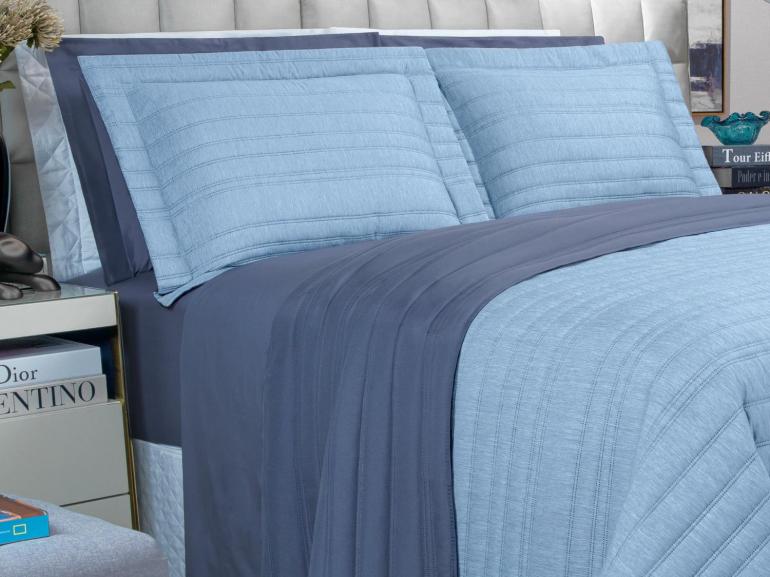 Kit: 1 Cobre-leito efeito Linho Casal Bouti de Microfibra Ultrasonic  + 2 Porta-travesseiros - Linum Azul - Dui Design