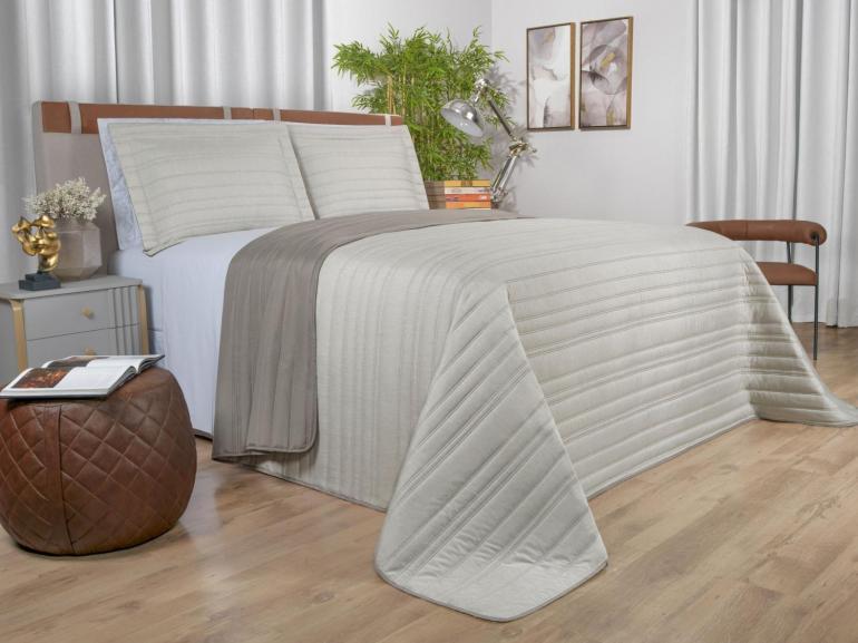 Kit: 1 Cobre-leito efeito Linho Queen Bouti de Microfibra Ultrasonic + 2 Porta-travesseiros - Linum Natural - Dui Design