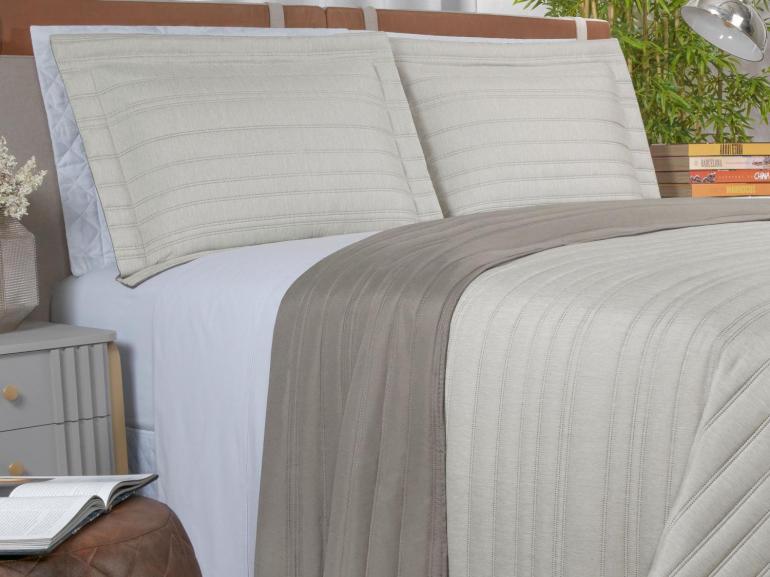 Kit: 1 Cobre-leito efeito Linho Queen Bouti de Microfibra Ultrasonic + 2 Porta-travesseiros - Linum Natural - Dui Design