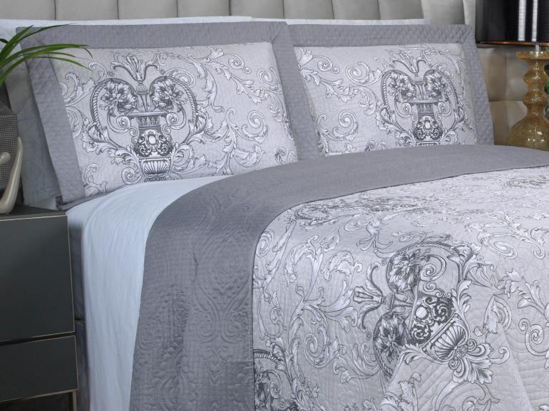 Kit: 1 Cobre-leito Solteiro Bouti de Microfibra Ultrasonic Estampada + 1 Porta-travesseiro - Livorno Prata - Dui Design