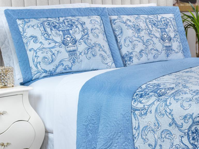Kit: 1 Cobre-leito King Bouti de Microfibra Ultrasonic Estampada + 2 Porta-travesseiros - Livorno Azul - Dui Design