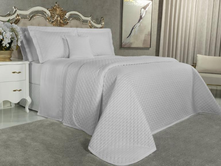 Kit: 1 Cobre-leito Queen + 2 porta-travesseiros Cetim 300 fios - London Branco - Dui Design