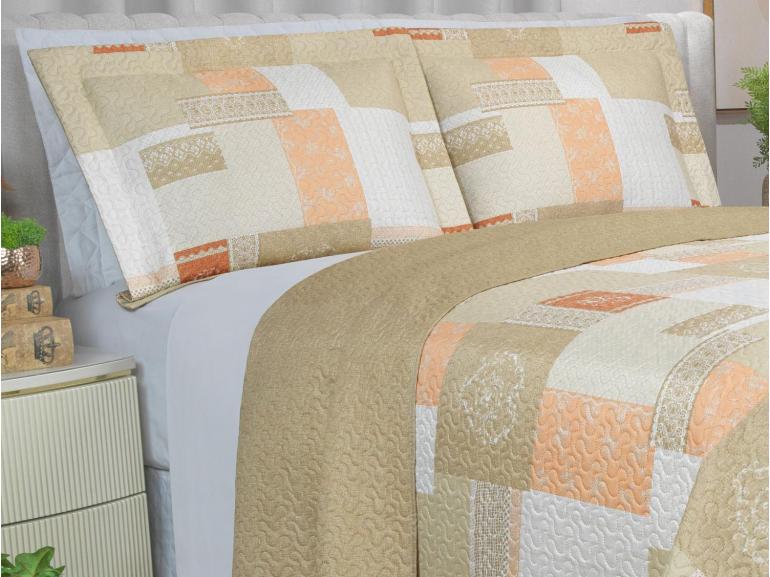 Kit: 1 Cobre-leito King Bouti de Microfibra Ultrasonic Estampada + 2 Porta-travesseiros - Luiza Marfim - Dui Design